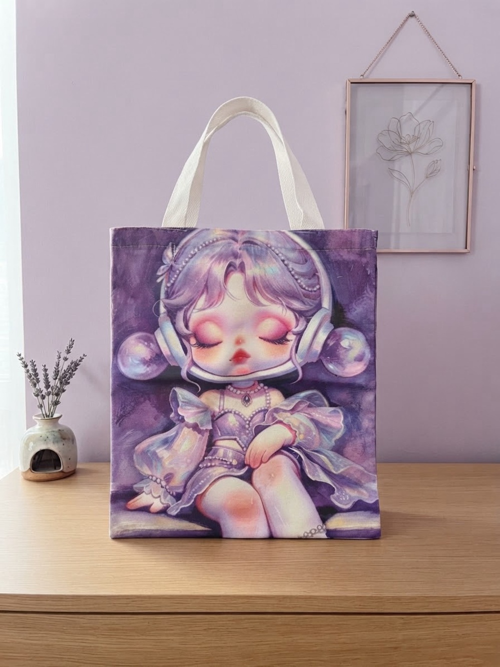 Purple Cute Cartoon Canvas Tote Bag with White Handles